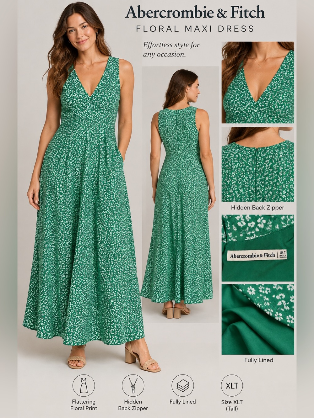 Abercrombie & Fitch Floral Maxi Dress Green White Sleeveless Size XLT Tall